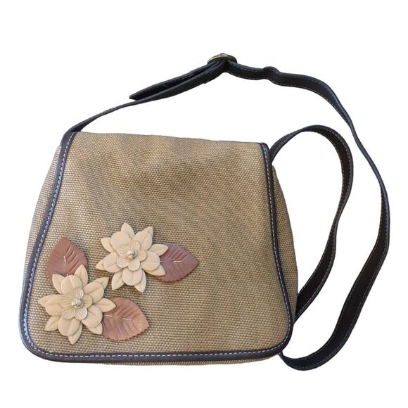 Liz Claiborne Handbags - Liz Claiborne Brown Woven Floral Applique Vintage Fall Messenger/ Crossbody Bag